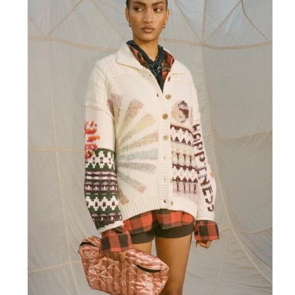 UO Kimchi Blue “Happiness” Chunky Knit Cardigan Sweater Y2K Cream Multi Size S - Picture 3 of 15